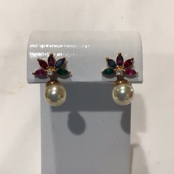 Faux Pearl, Ruby & Emerald post earrings EUC - Picture 1 of 1